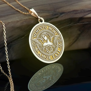 14K Gold & Silver Amor Fati Pendant - Memento Mori Necklace, Rose Gold Angelic Charm, Symbolic Inspirational Jewelry