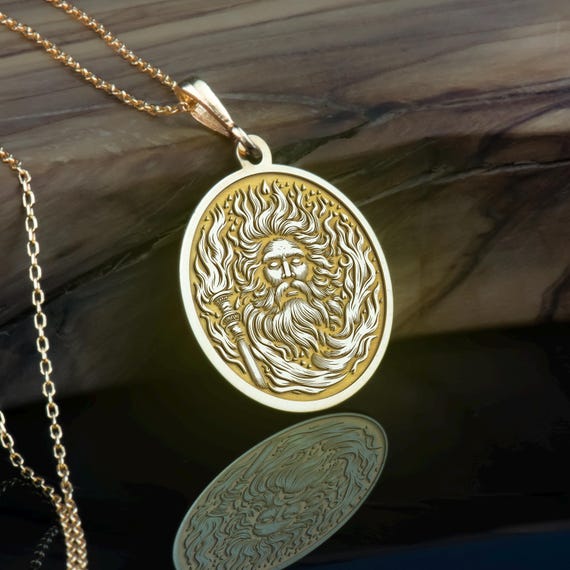 14K Gold Hephaestus Pendant: Greek God of Fire Necklace