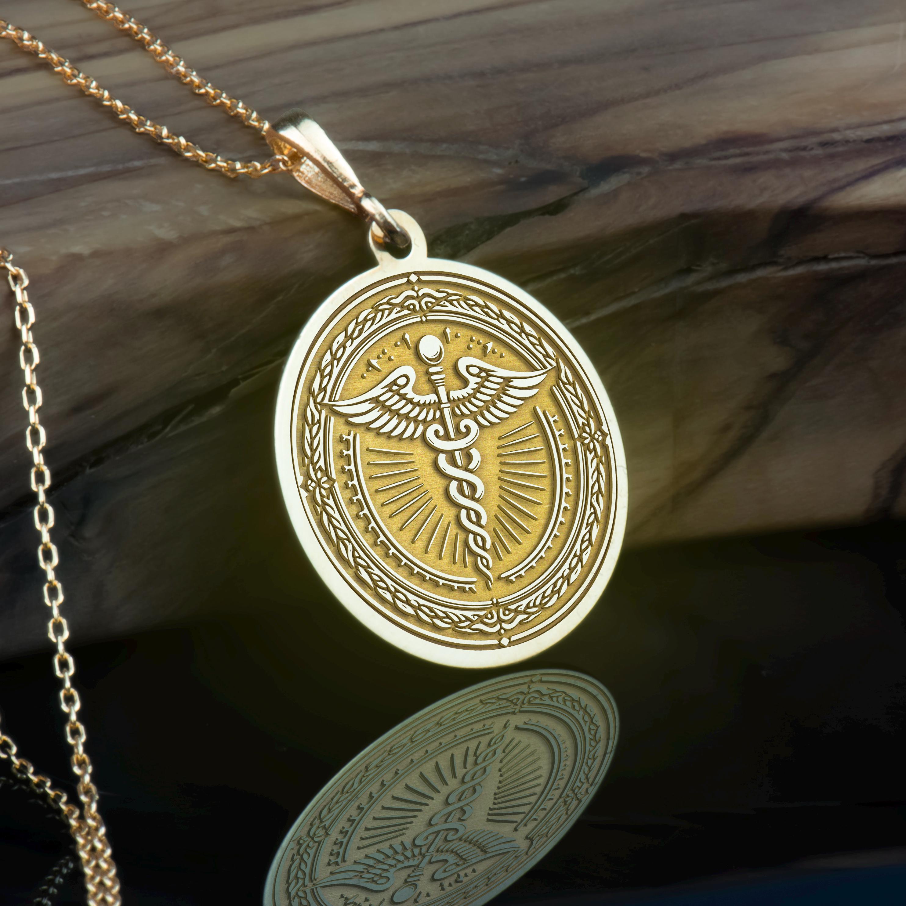 14K Solid Gold Hermes Caduceus Necklace, Silver Winged Staff 