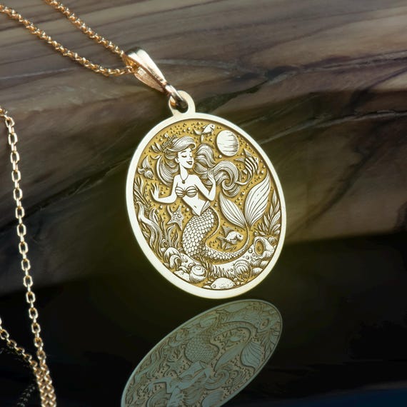 14K Gold Silver Mermaid Pendant Little Mermaid Necklace Rose