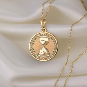 14K Solid Gold Carpe Diem Necklace, Carpe Diem Hourglass Necklace, Living The Moment Charm, Mindfulness Necklace, Empowerment Charm