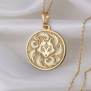 14K Solid Gold Kitsune Mask Pendant, Mythical Fox Spirit Necklace, Japanese Folklore Jewelry, Intricate Gold Charm, Kitsune Mask Necklace
