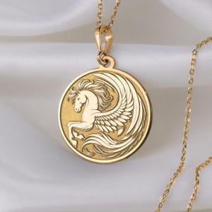 14K Solid Gold Pegasus Pendant Necklace, Mythical Winged Horse Necklace, Elegant Fantasy Jewelry, Intricate Gold Charm, Gifts for him/her