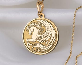 14K massief gouden Pegasus-hangerketting, mythische ketting gevleugeld paard, elegante fantasie-sieraden, ingewikkelde gouden bedel, cadeaus voor hem/haar