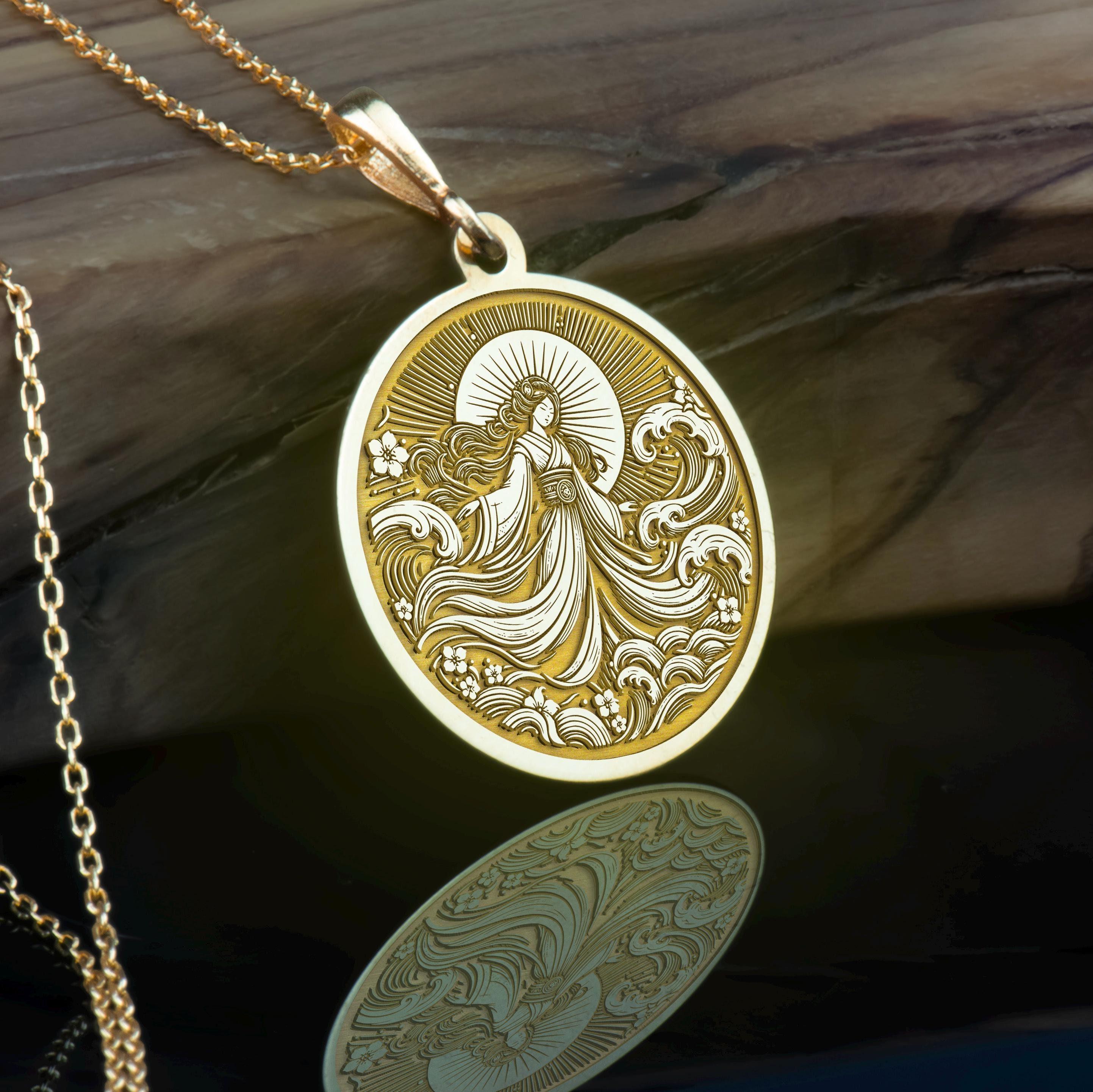 14K Solid Gold Amaterasu Pendant, Japanese Sun Goddess Necklace