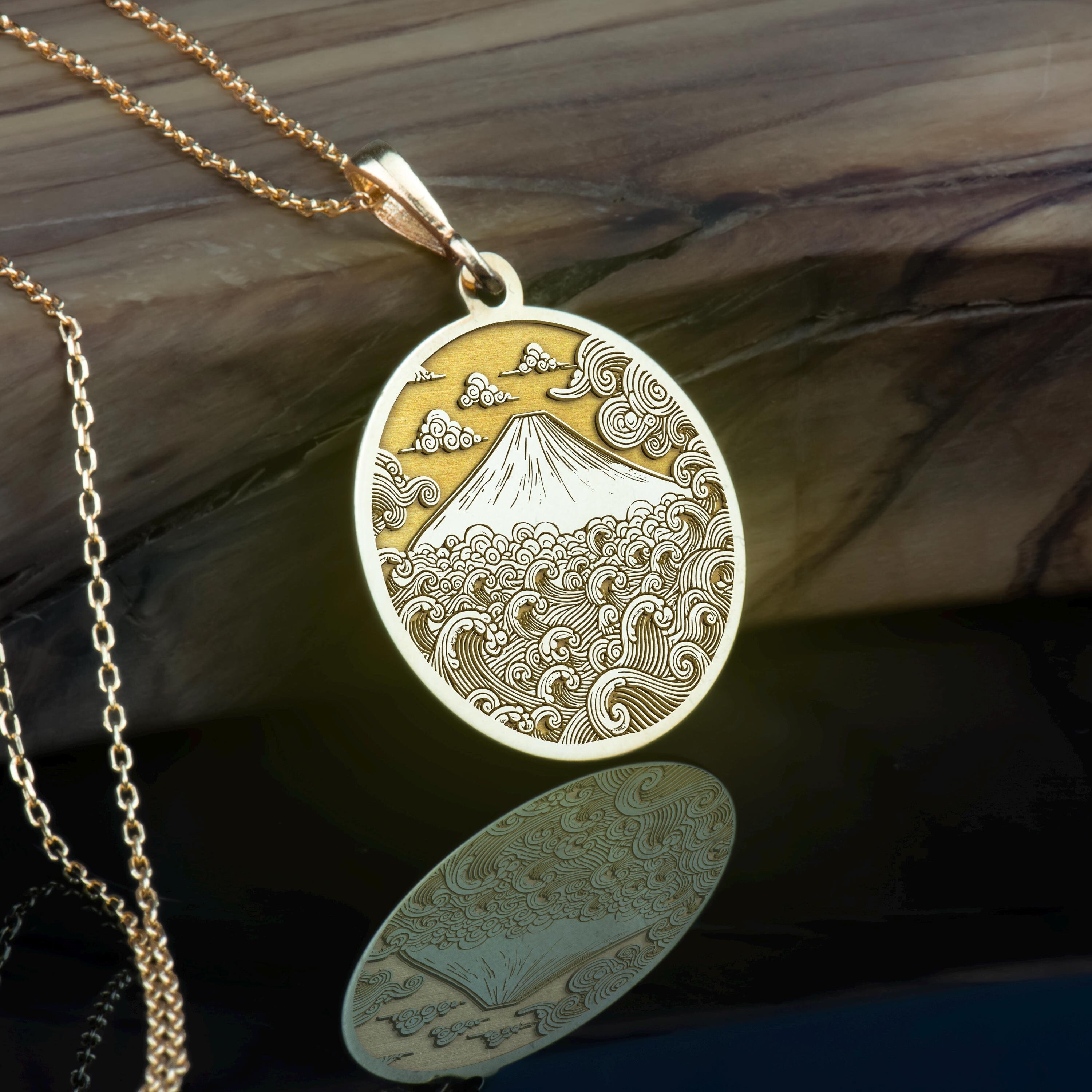 14K Gold Fuji Pendant Handcrafted Mount Fuji Necklace Japanese Symbol of Nature & Tranquility Charm