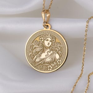 14K Solid Gold Greek Aphrodite Goddess Pendant Necklace with Floral Charm – Mythological Jewelry Gift for Women