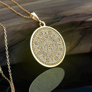 14K Solid Gold Aztec Pendant, Ancient Sun God Necklace, Intricate Tribal Charm, Mythological Gold Jewelry, Aztec Sun Necklace, Gifts for him