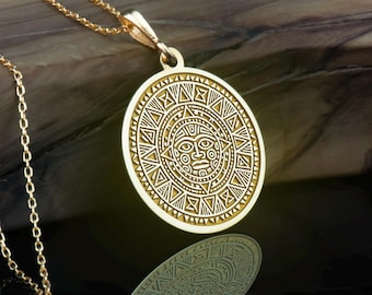 14K solid Gold Azteken Anhänger, Sonnengott Halskette, Tribal Anhänger, Mythologischer Goldschmuck, Azteken Sonnen Halskette, Geschenke für ihn