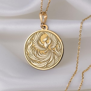 14K Solid Gold Phoenix Pendant, Mythical Firebird Necklace, Rebirth Symbol Jewelry, Elegant Gold Charm, Mythical Phoenix Flame Necklace