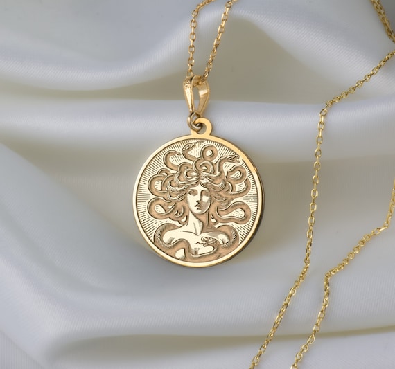 14K Solid Gold Medusa Necklace, Gorgon Mythology Pendant, Greek