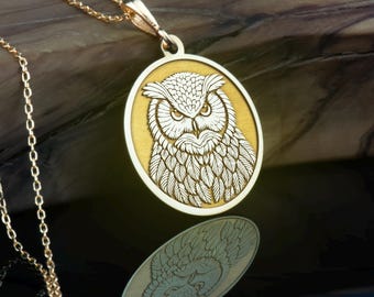 14K Solid Gold Owl Pendant Handcrafted Necklace, Intricate Animal Charm, Symbol of Wisdom & Intuition Jewelry Gift