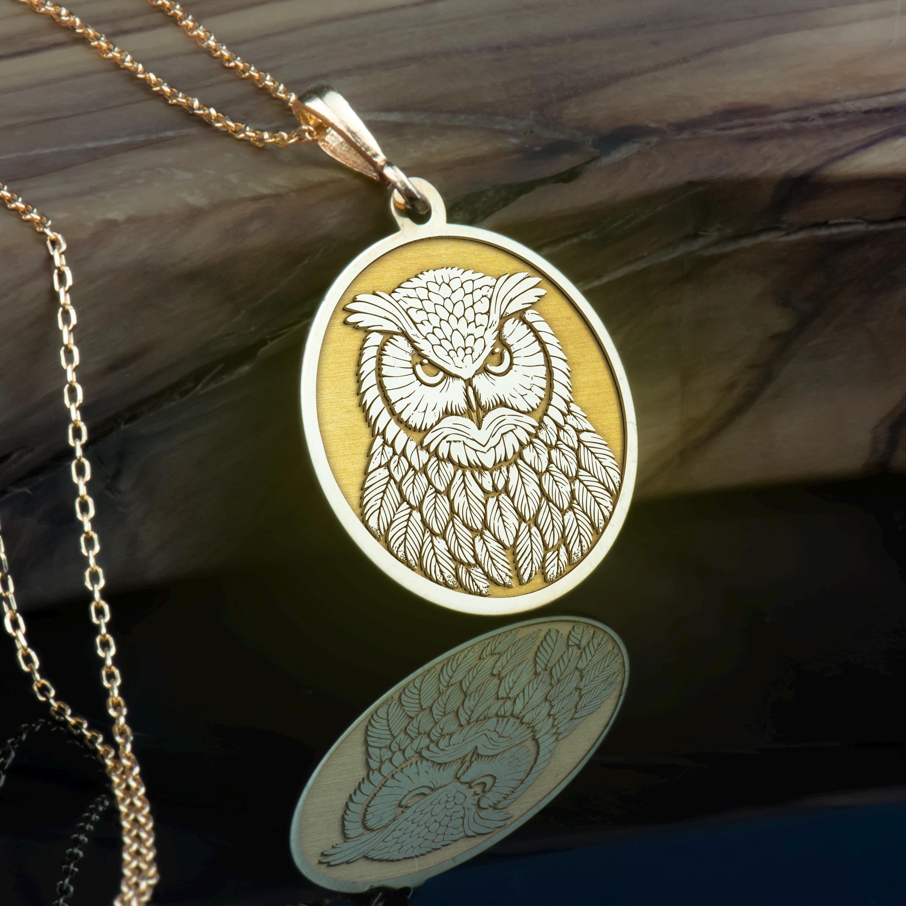 14K Solid Gold Owl Pendant Handcrafted Necklace, Intricate Animal Charm, Symbol of Wisdom & Intu