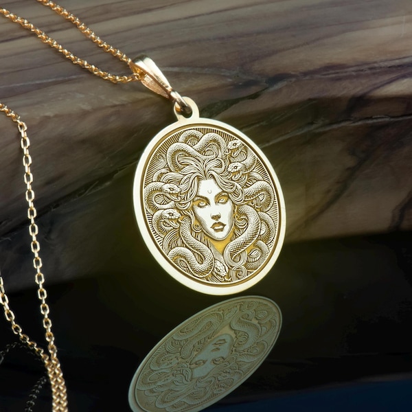 14K Gold Medusa Pendant: Greek Mythology Snake Charm Necklace