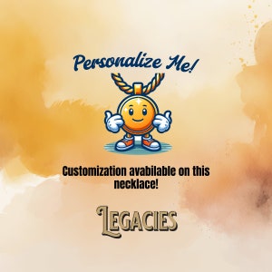 May include: A gold necklace with a cartoon smiley face pendant. The pendant has a gold chain and is wearing red shoes. The text "Personalize Me!" is above the pendant and the text "Customization available on this necklace!" is below the pendant. The text "LEGACIES" is at the bottom of the image.