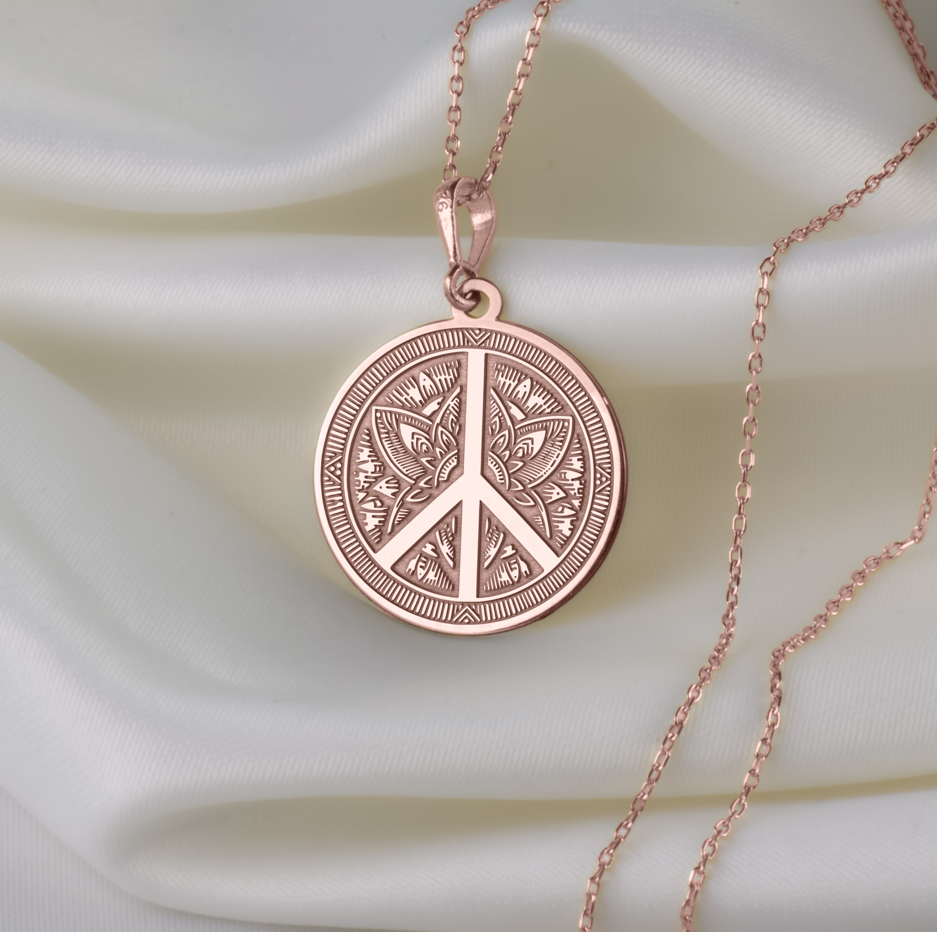 14K Solid Gold Peace Sign Necklace, Personalized Peace Pendant 