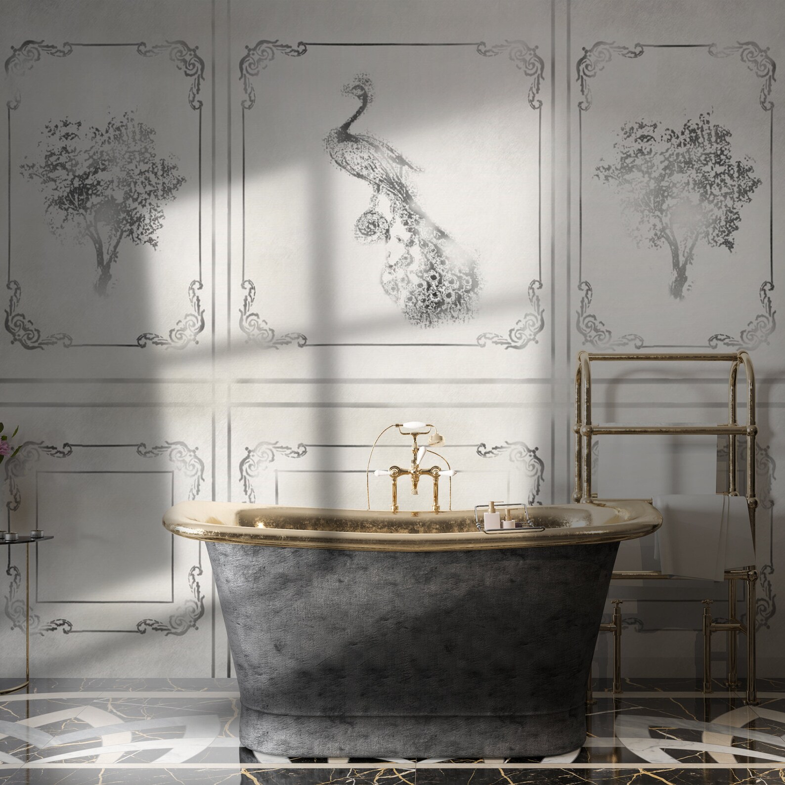 Beige Peacock Panel Wallpaper, Wooden Panel Print for Living Room, Peel