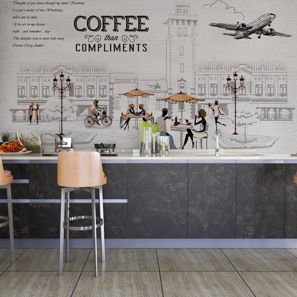 Coffee Theme Wallpaper, Cafe Wallpaper, Restaurant Wall Mural, 3D Wallpaper, Removable Wallpaper, Adhesive Wallpaper, minimalist wall art