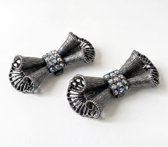 Vintage Musi, Signed Bow Shoe Buckles | Gunmetal Silver Tone | Aurora Borealis Rhinestones