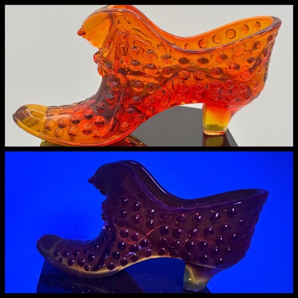 Vintage Fenton Glass Shoe Orange Amberina Hobnail Cat Head Slipper Glows!