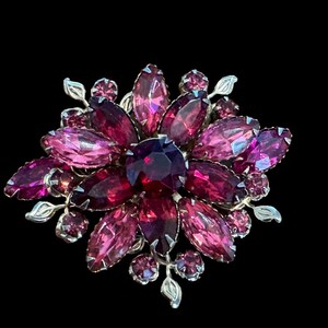 Pink Rhinestone Brooch Layered Marquis Cabochon Gold Tone Floral Pin