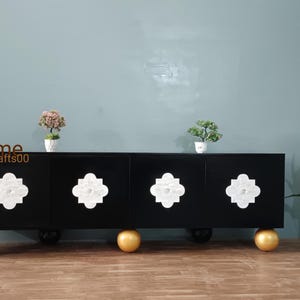 Handmade Mother of Pearl Inlay Media Console: Indian 4-Door Cabinet