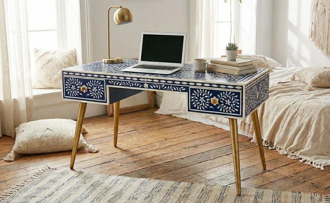 Handcrafted Blue Bone Inlay 3 Drawer Work Desk | Floral Writing Desk ...