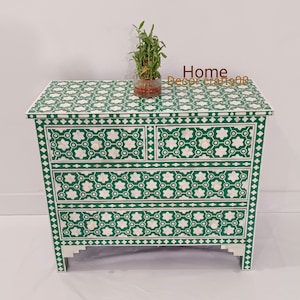 Handmade Bone Inlay Chest of Drawers: Floral Pattern Accent Furniture