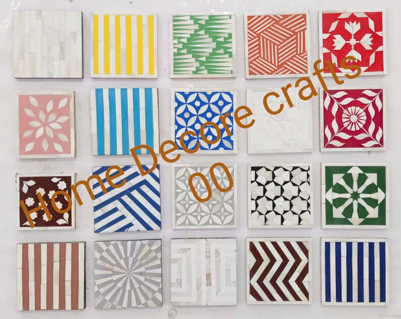 May include: Set of 16 decorative tiles with various geometric patterns and colors, including white, black, blue, red, green, and yellow. The tiles are made of mother of pearl and are perfect for adding a touch of elegance to any home decor project.