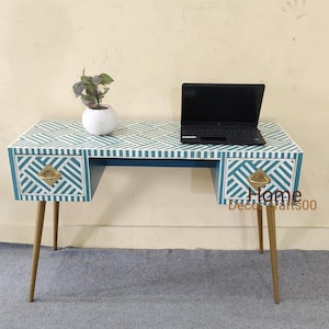 Handmade Bone Inlay Desk: Indian Wood Inlay Laptop Table