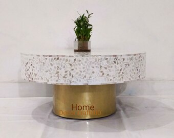 New handmade mother of pearl inlay Round Coffee Table, Floral design, mop inlay coffee table, home decor furniture, bone inlay coffee table