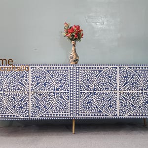Handmade Indian Bone Inlay Media Console Table - 4 Door Cabinet