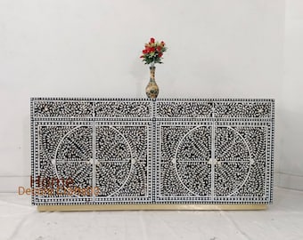 Black Mother of Pearl Inlay Buffet | 2 Drawer 4 Door Sideboard with Wine Rack | Handmade Cabinet | Indian Inlay Furniture | Bar Console