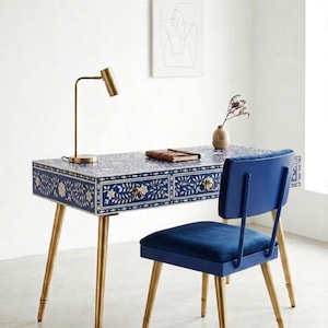 handcrafted Blue Bone Inlay 3 Drawer Work Desk | Floral Writing Desk with Brass Knobs