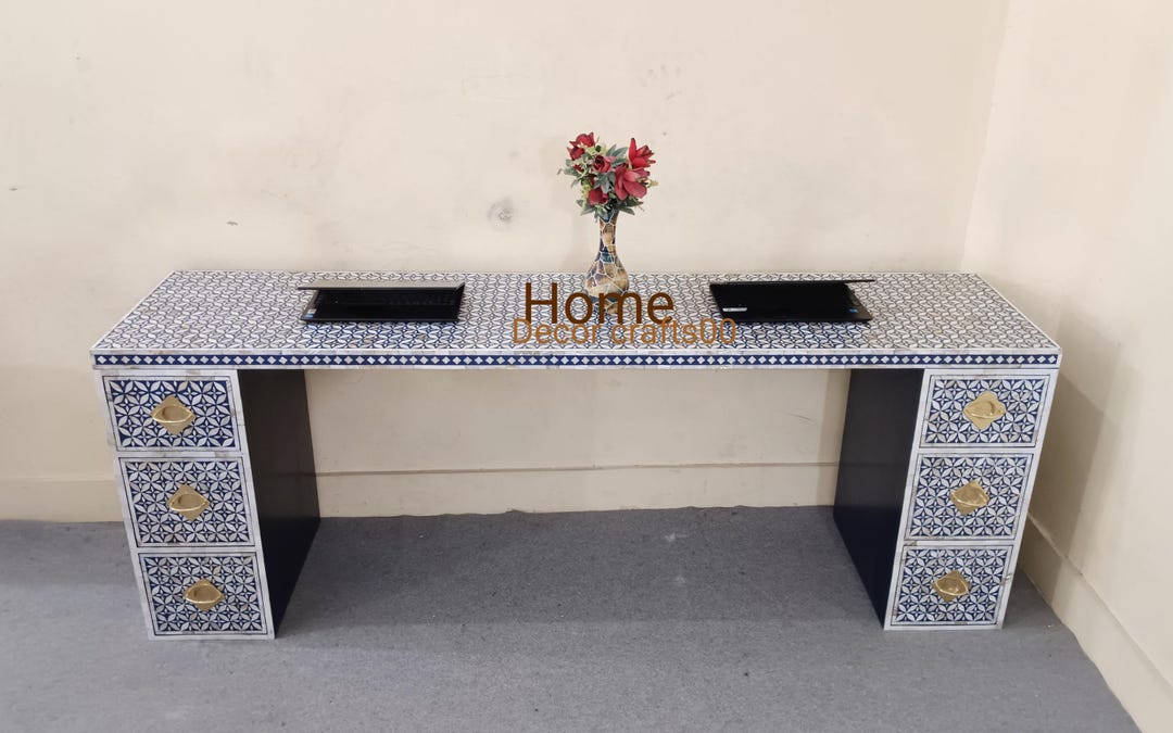 New Handmade Mother of Pearl Inlay 6 Drawer Work Desk, Mop Inlay Laptop ...