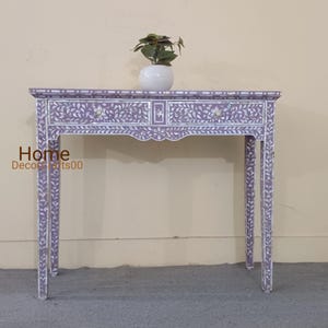 Handmade Mother of Pearl Inlay Console Table - Floral Design Bone Inlay Furniture