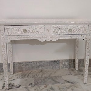 Handmade Mother of Pearl Inlay Console Table: Floral Design Bone Inlay Furniture