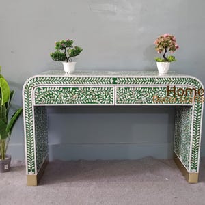 Mother of Pearl Inlay 2 Drawer Console Table - Handmade Hallway Entryway Table Floral Pattern Storage Desk - Boho Home Decor Console Table