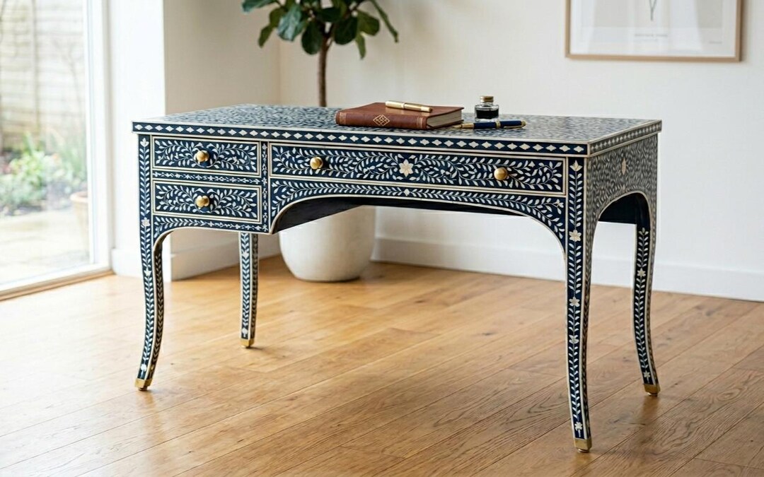 Handcrafted Floral Bone Inlay Console Table 3 Drawer Handmade Wooden ...