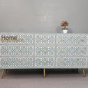 Mother of Pearl Inlay Cabinet: Sea Green Bohemian Dresser with Brass Legs,
