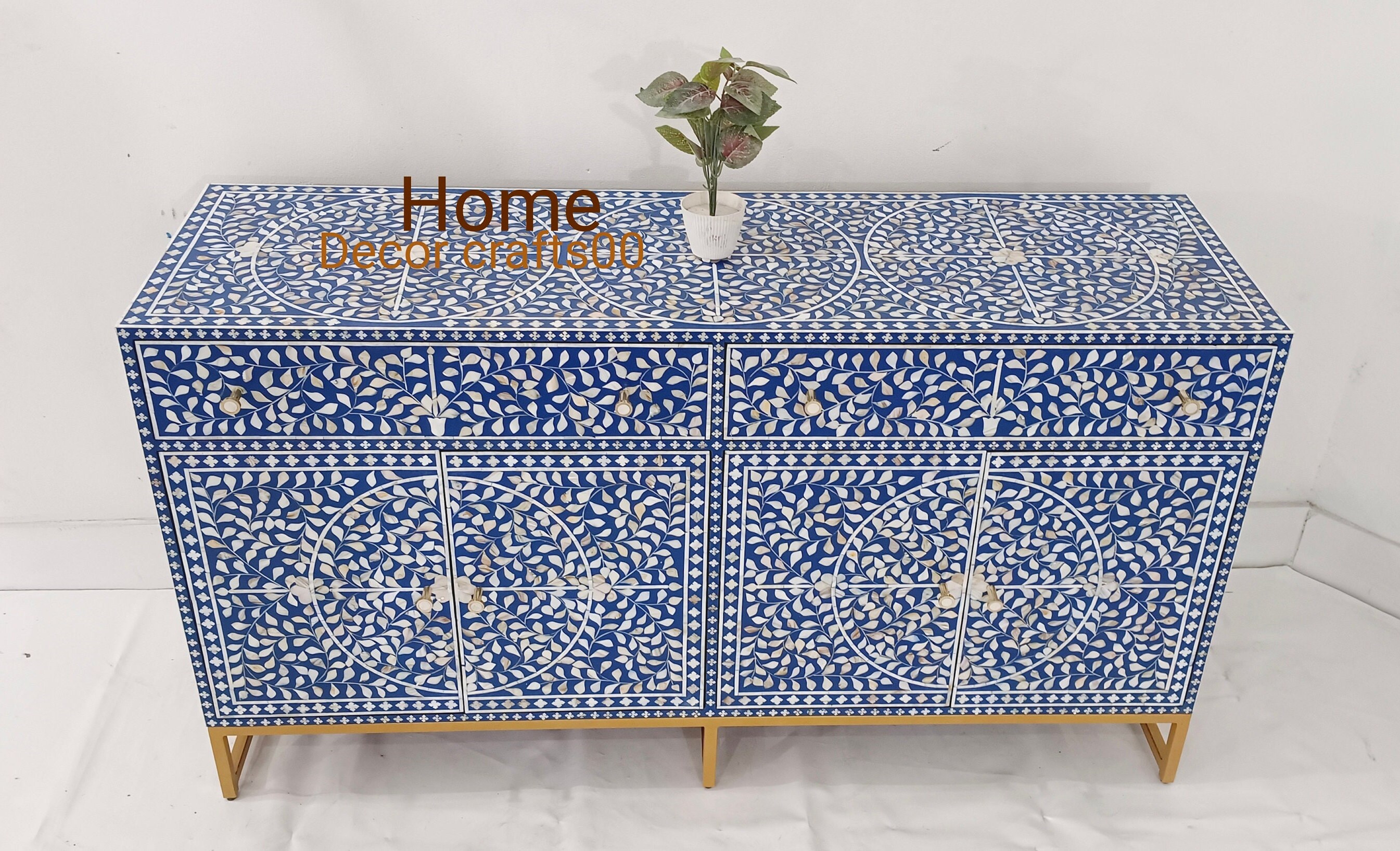 Handcrafted Mother of Pearl Inlay 2 Drawer 4 Door Cabinet | Blue Indian ...