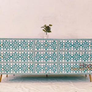 Handmade Mother of Pearl Inlay 9 Drawer Cabinet - Blue Floral Design Chest | Bohemian Storage Dresser for Bedroom or Living Room