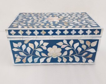 Handcrafted Blue Mother of Pearl Inlay Jewelry Box Floral Design