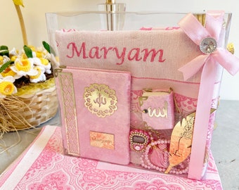 Estera de oración personalizada Corán Tasbih conjunto de regalos, estera de oración Islam, caja de regalo islámica, regalo de Ramadán Eid, boda, cumpleaños musulmán, regalo de graduación