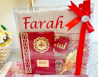 Ensemble cadeau personnalisé de tapis de prière Coran Tasbih, tapis de prière islam, boîte-cadeau islamique, cadeau Ramadan Eid, mariage, anniversaire musulman, cadeau de remise des diplômes