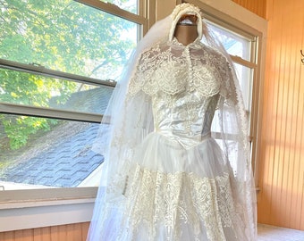 Vintage 1950s Victorian Style Wedding Dress with Matching Capelet Bolero and Veil
