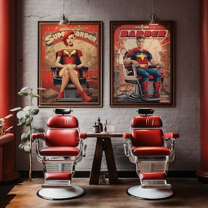 Vintage Comic Barber Shop Posters, Super barber, Comic style, Wall Art, Superhero, Barbershop Decor, Vintage posters, Funny poster, Set of 2