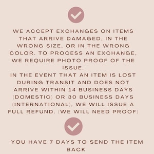 May include: A beige graphic with the text "How it works!" and "EXCHANGED/REFUNDS". The text explains the exchange and refund policy, including conditions for damaged items, lost transit, and timeframes. Includes check and cross mark icons.