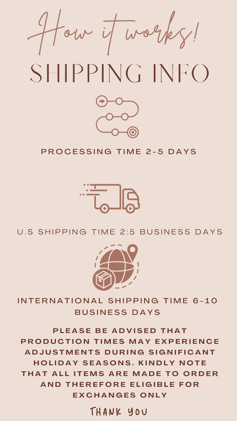 Pu&ograve; includere: Grafica beige con testo "How it works! SHIPPING INFO" e icone che rappresentano i tempi di elaborazione e spedizione. Il testo include "Processing Time 2-5 Days", "U.S. Shipping Time 2:5 Business Days" e "International Shipping Time 6-10 Business Days".