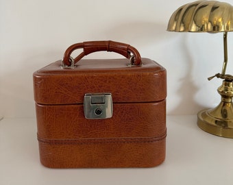 Vanity case vintage cuir marron trousse de toilette voyage
